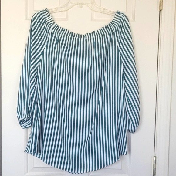 H&M Green Stripe Off-the-Shoulder Top Size 12 - Picture 4 of 12